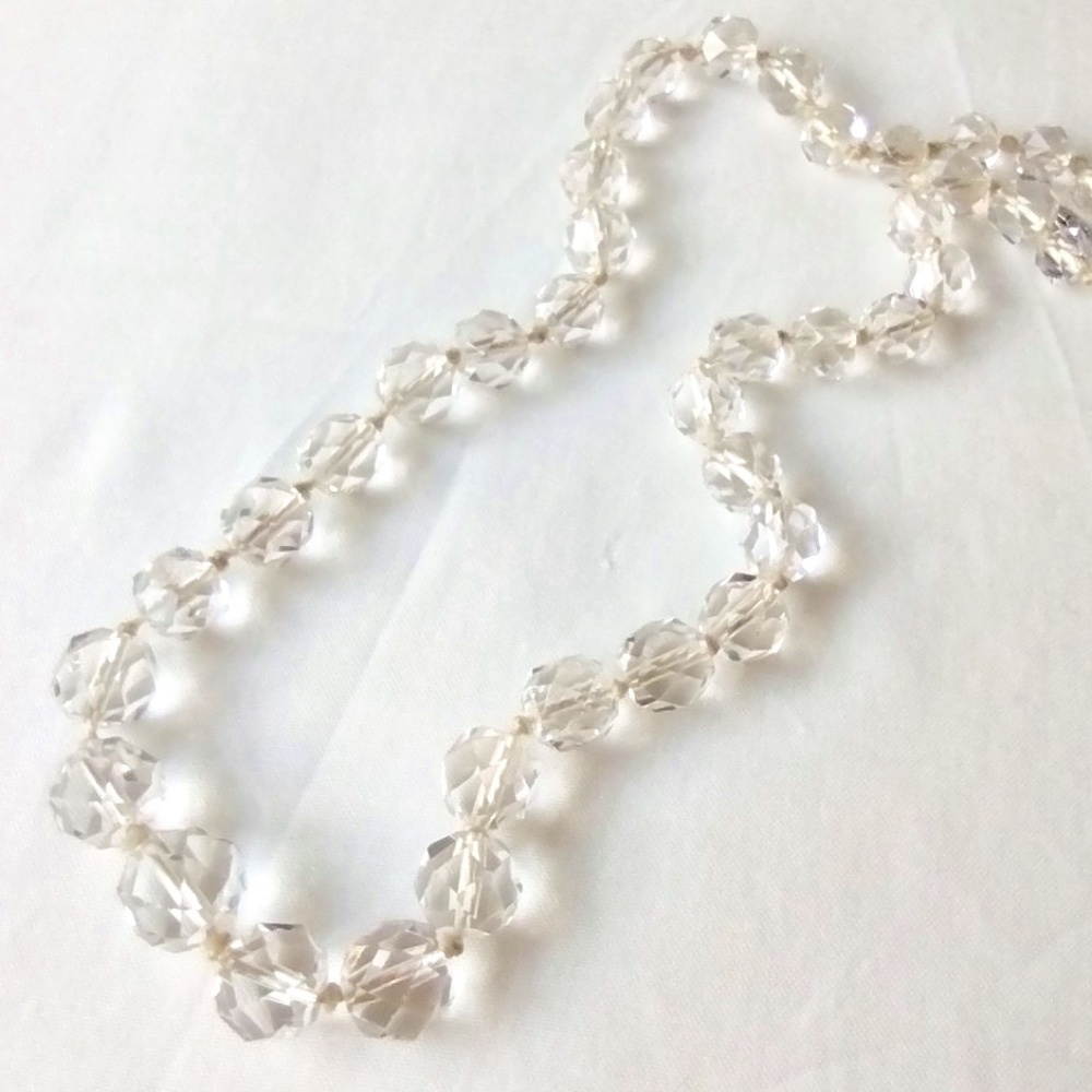 Art Deco Era Clear Beaded Necklace / Faux Glass Vintage Graduated Fancy Cut Bead